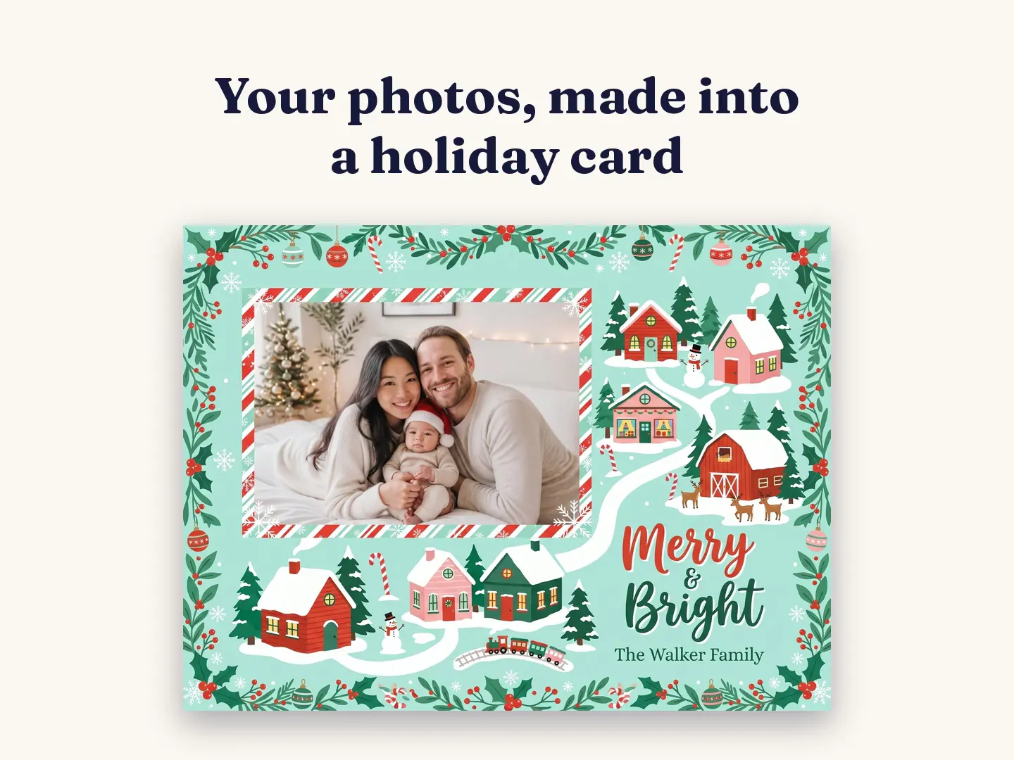 Your photos, made into a holiday card: the Walker Family’s Merry and Bright card in a snowy storybook village