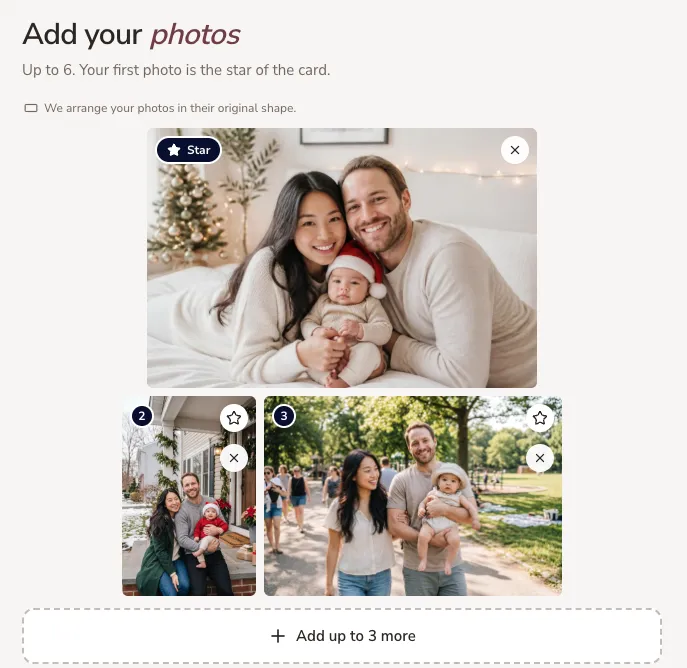 The BebehCards Add your photos step: a star photo of the Walkers with their baby in a Santa hat, two more photos below and a button to add up to 3 more