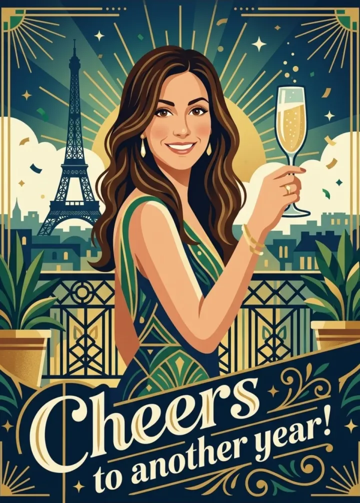 Version 3: Art Deco birthday card, Cheers to another year, in a green dress with a Paris skyline