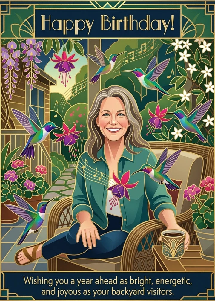 Art Deco birthday card for Mom: her porch garden with hummingbirds and fuchsias