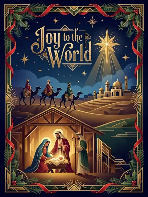 An Art Deco Joy to the World nativity card with the three wise men under a bright star