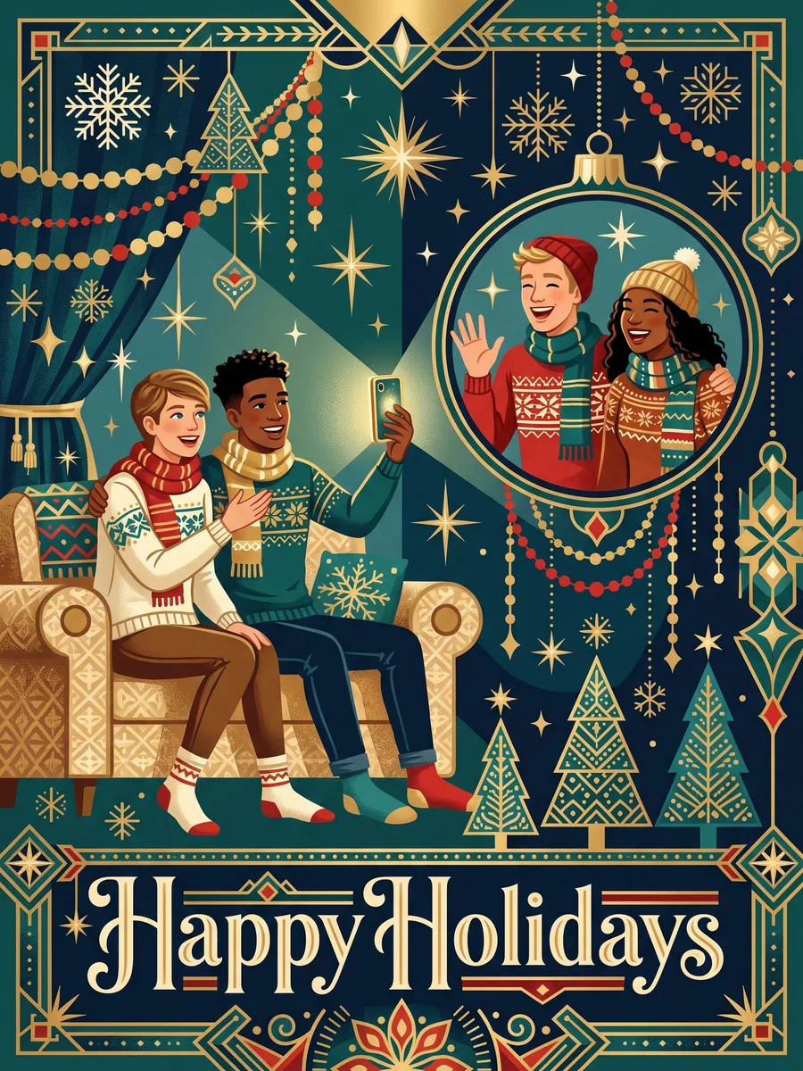 An Art Deco Happy Holidays card of two friends on a couch video-calling two old roommates