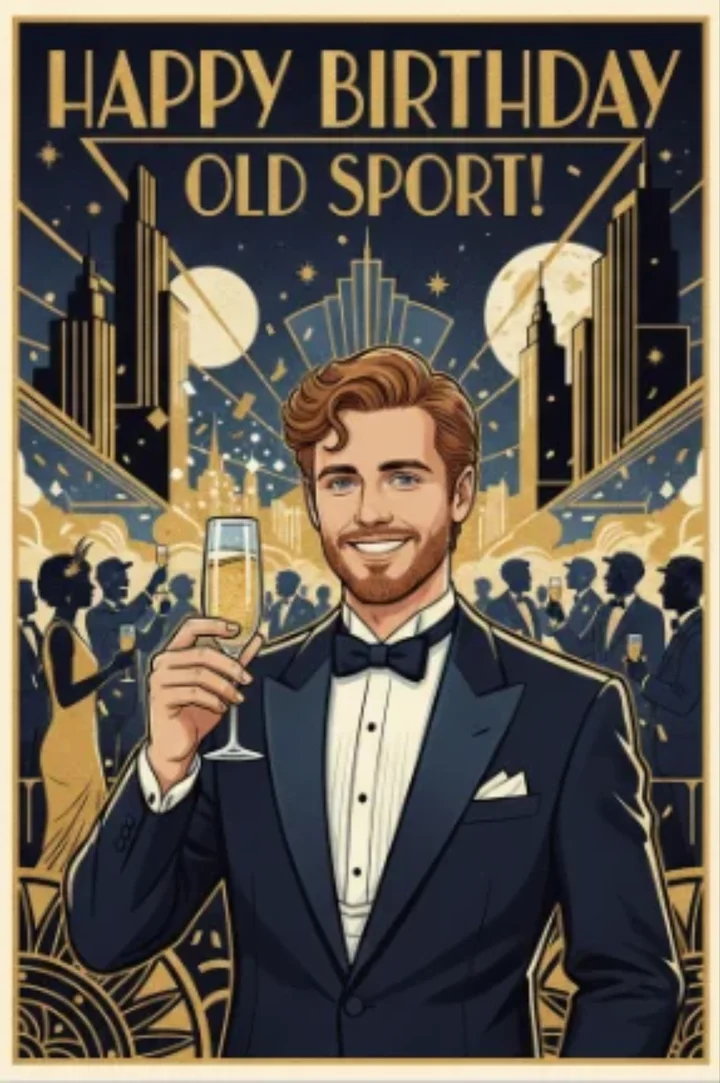 Art Deco birthday card: a man in a tuxedo raising champagne at a Gatsby-style party, Happy Birthday Old Sport!