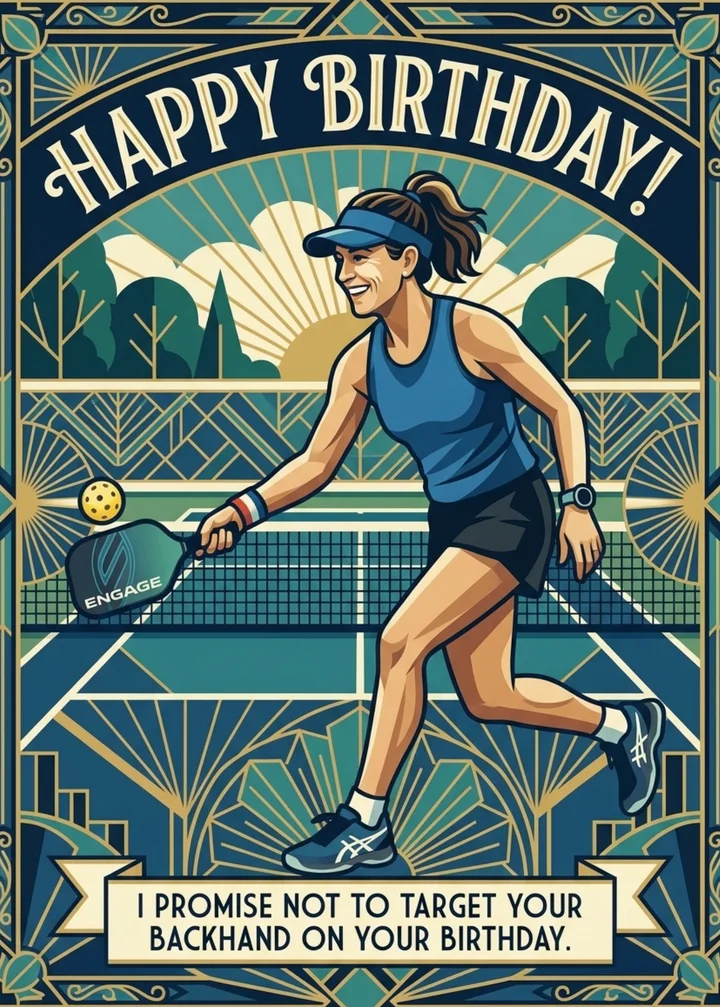 Art Deco pickleball birthday card with a gold sunburst