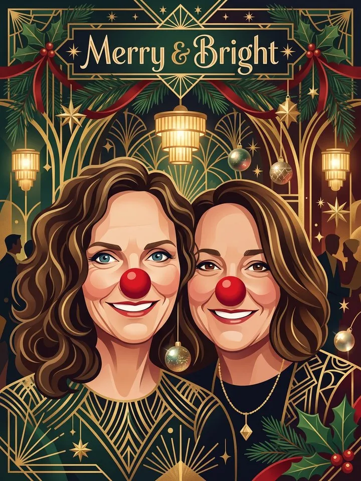Two friends illustrated in Art Deco style with red noses under a Merry and Bright sign