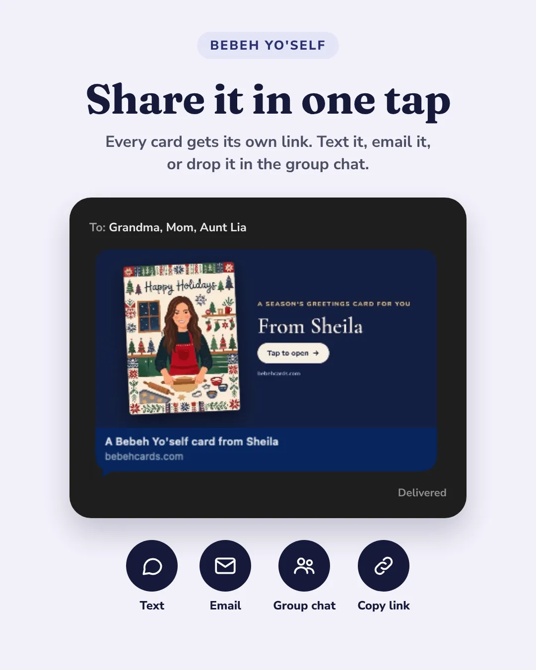 A Bebeh Yo'self card from Sheila arriving in a group text as a link preview, with options to share by text, email, group chat or copied link