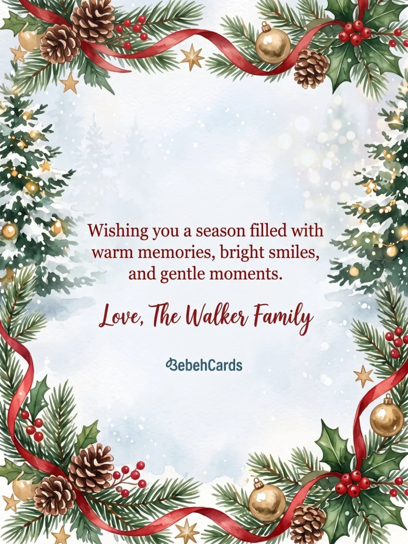 Sample Bebeh Yo’self card back: watercolor pine border with the message Wishing you a season filled with warm memories, bright smiles, and gentle moments. Love, The Walker Family