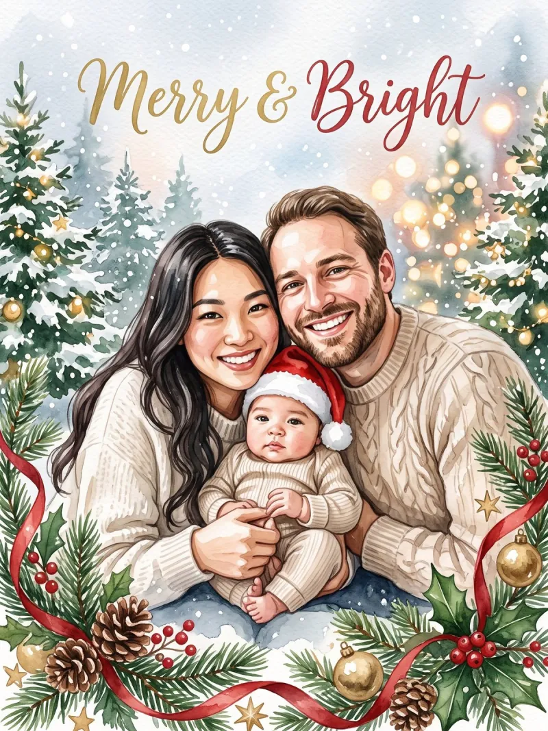 Sample Bebeh Yo’self card front: a watercolor illustration of the Walker family in cream sweaters under Merry and Bright lettering
