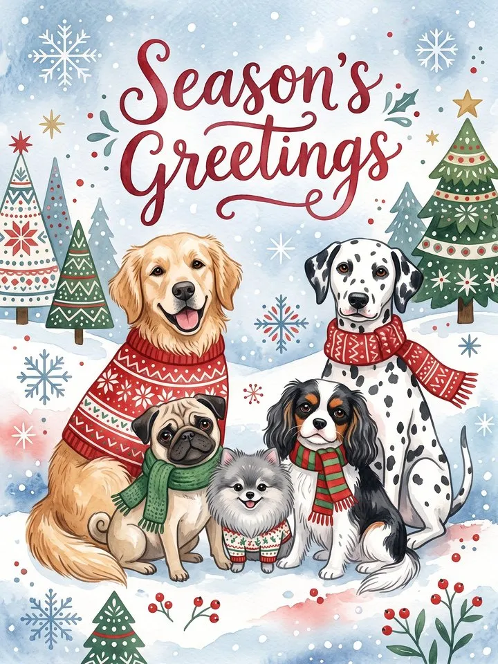 Five dogs in holiday sweaters and scarves in a snowy Nordic scene