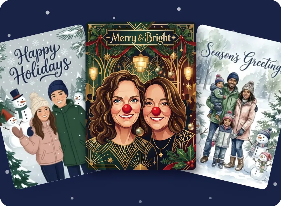 Three Bebeh Yo'self holiday cards with families illustrated into snowy scenes