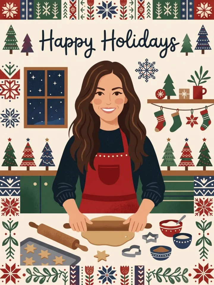 A woman illustrated baking cookies in a Nordic-style kitchen under a Happy Holidays banner