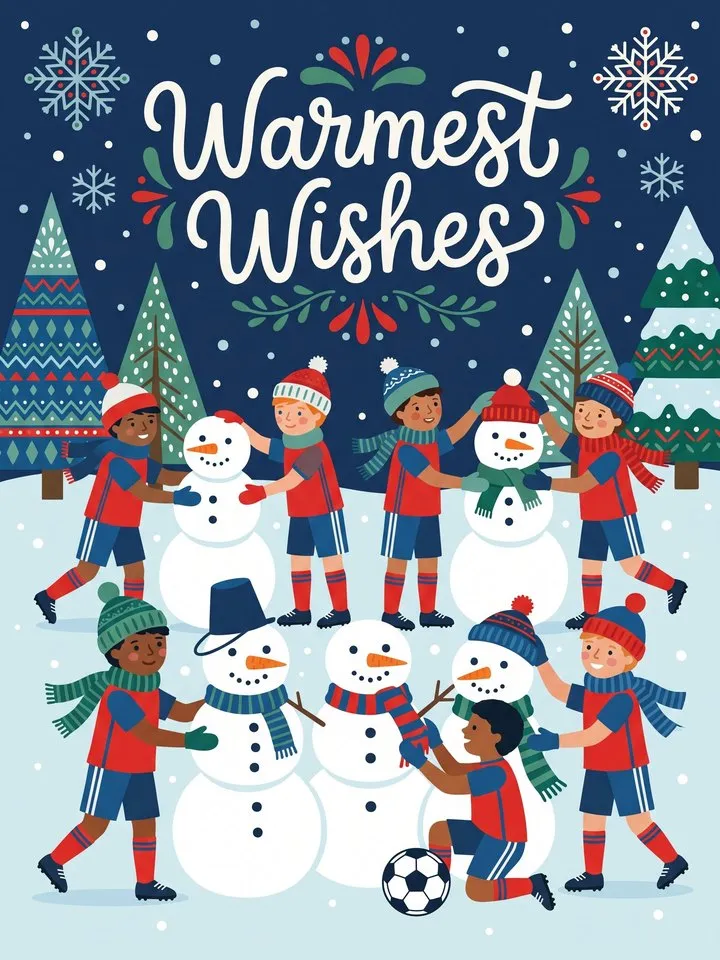 A kids soccer team in uniforms and hats building snowmen