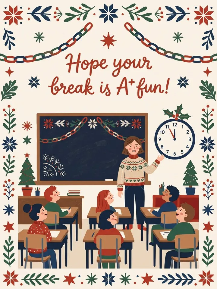 A teacher pointing to the clock in a festive classroom full of students
