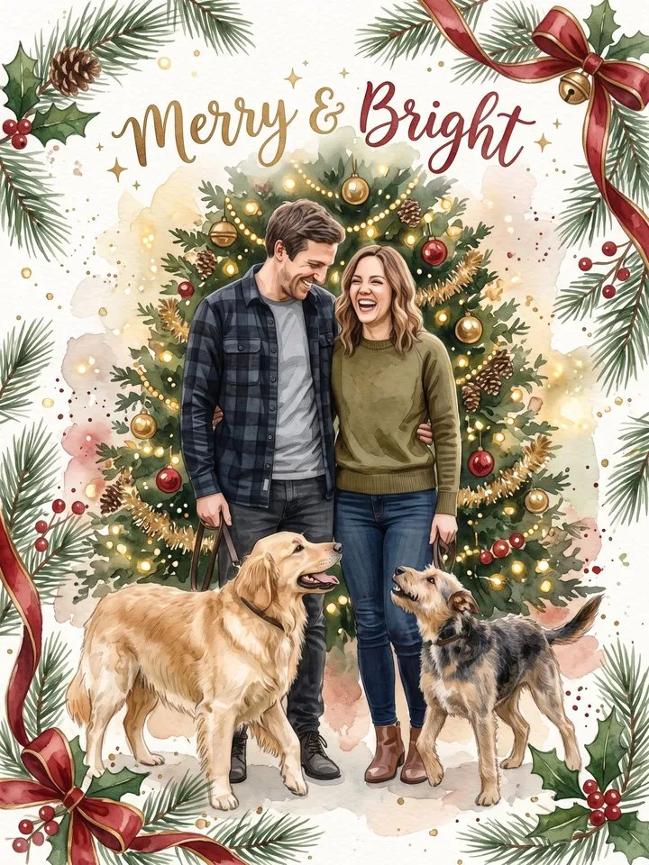 A couple and their two dogs painted in watercolor in front of a Christmas tree