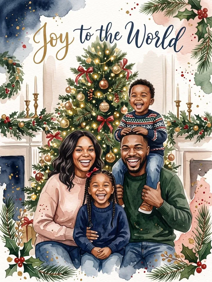 A laughing family of four painted in watercolor by the tree and mantel