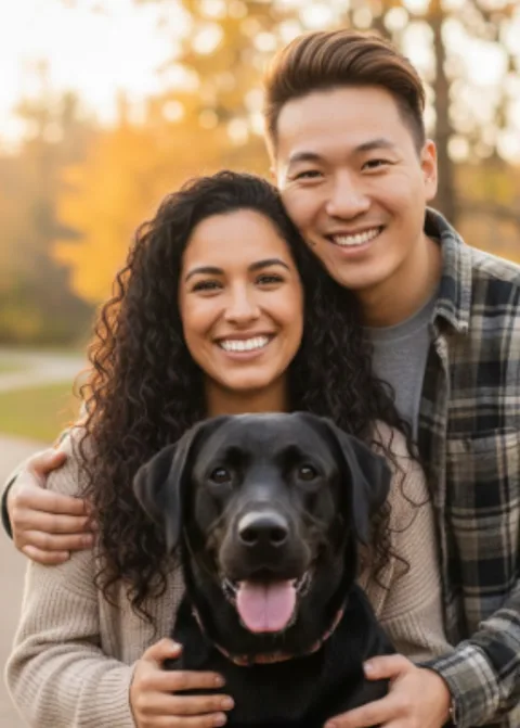Original photo: a couple hugging their black Lab in the park