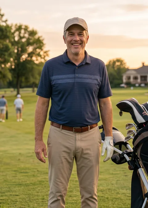 Original photo: Dad on a golf course at sunset with his clubs