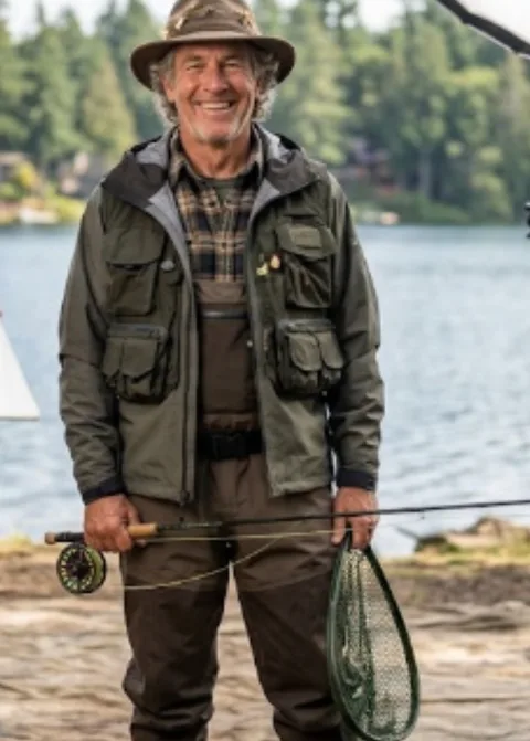 Original photo: a man in fishing gear holding a fly rod by a lake