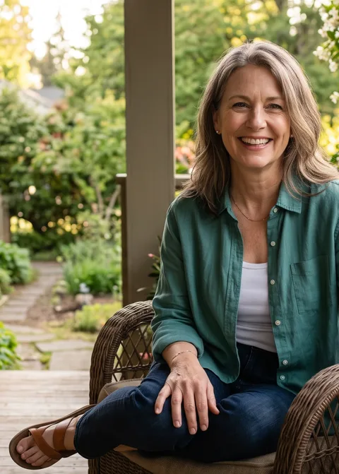 Original photo: Mom smiling in a wicker chair on her garden porch
