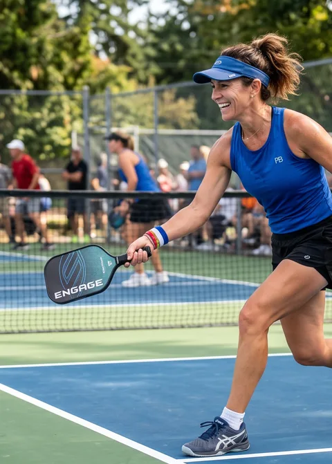 Original photo: a woman mid-swing on a pickleball court