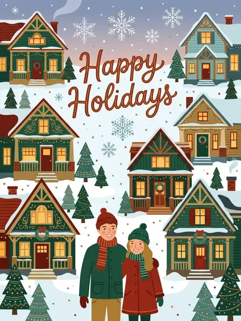 A Happy Holidays card of a couple standing in a snowy street of craftsman houses