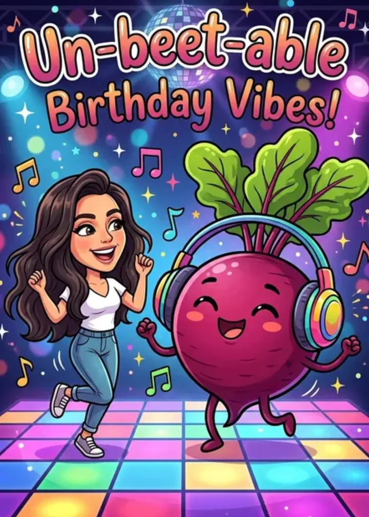 Cartoon birthday card: a woman dancing with a beet in headphones, Un-beet-able Birthday Vibes