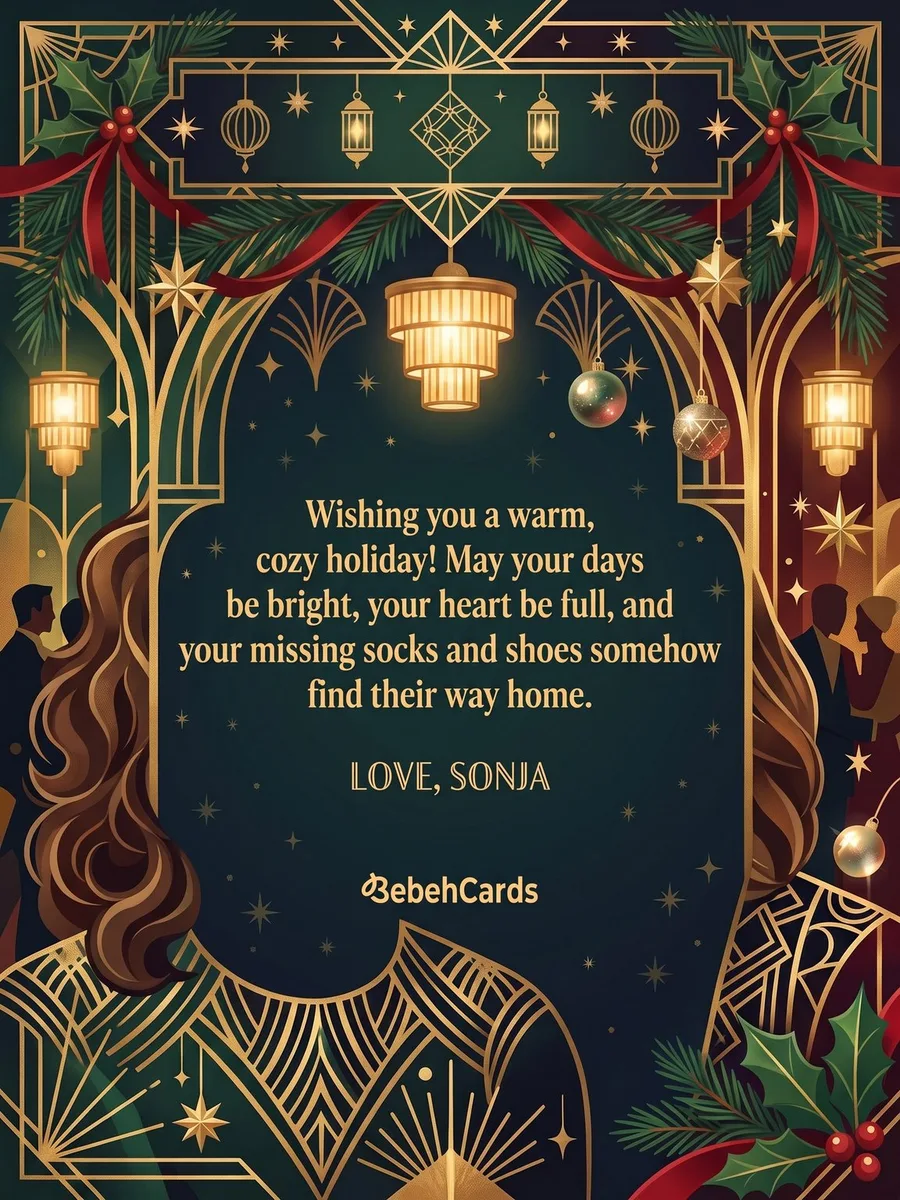 Back of the card: Wishing you a warm, cozy holiday, and may your missing socks and shoes find their way home. Love, Sonja