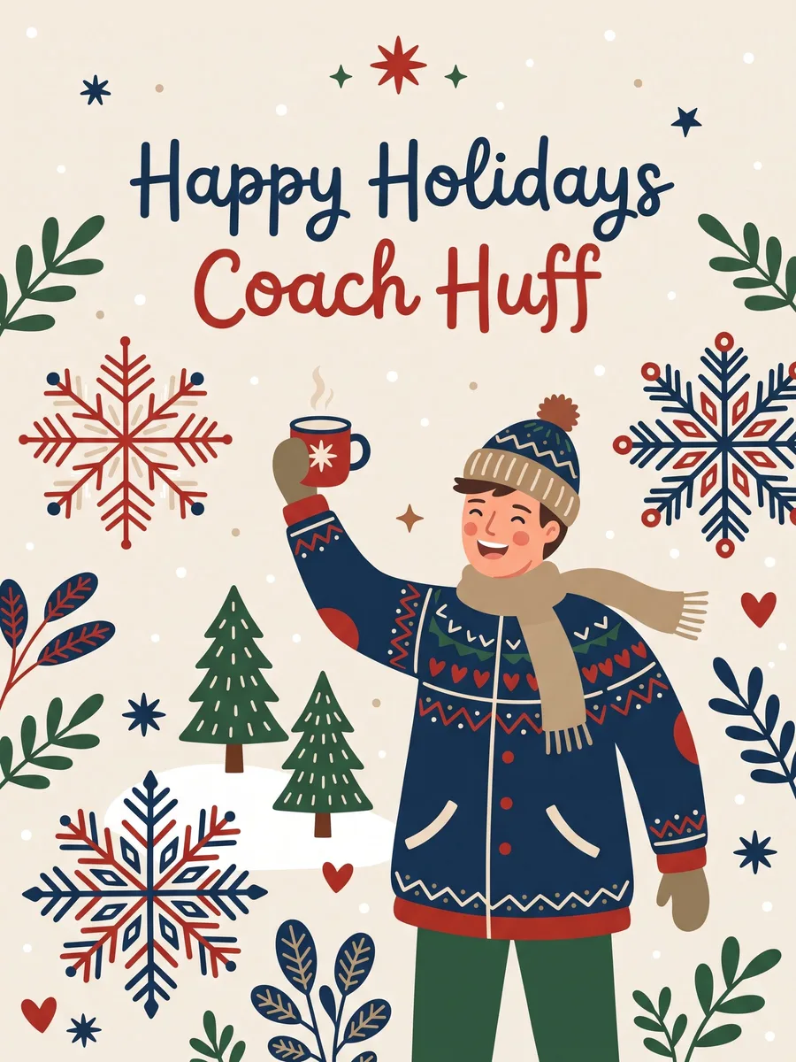 Happy Holidays Coach Huff card, a coach raising a mug of cocoa