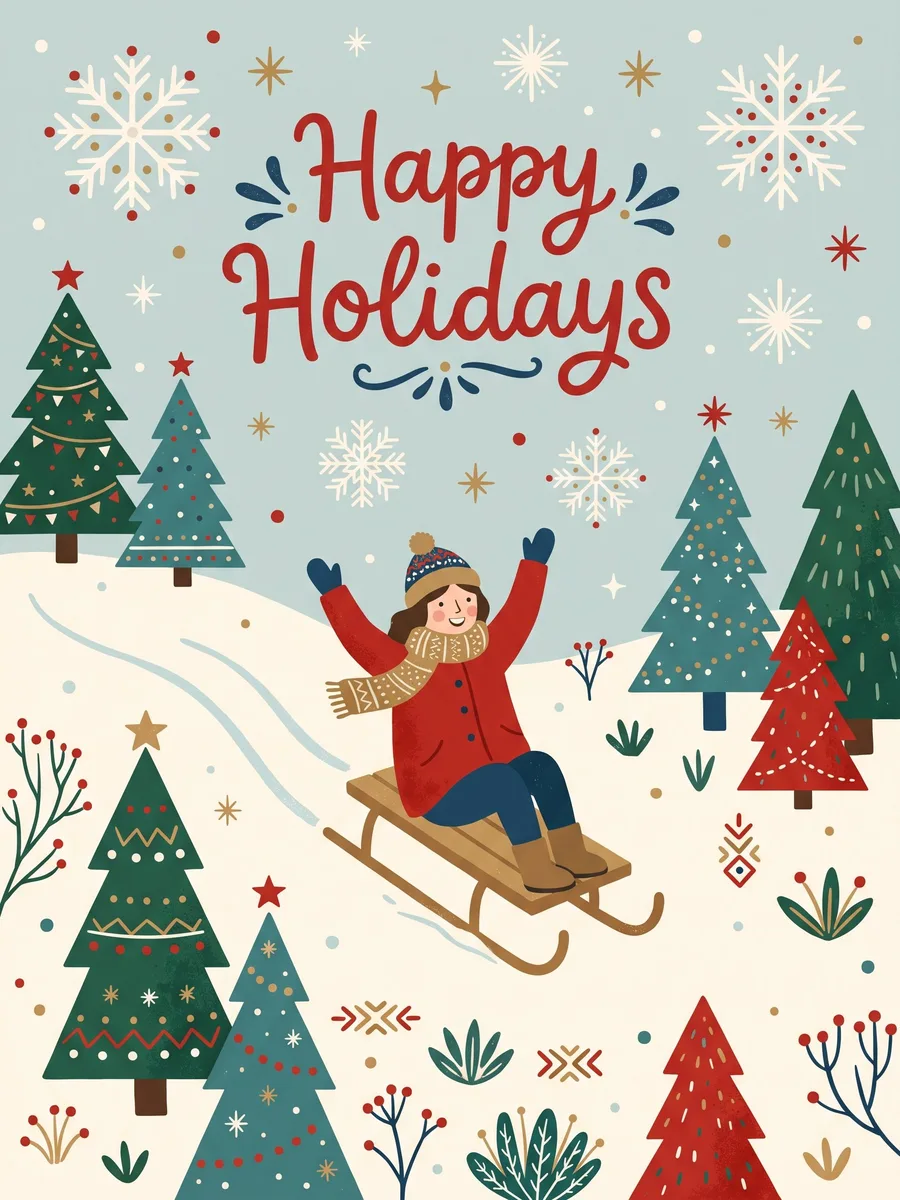 Happy Holidays card with someone sledding past decorated trees