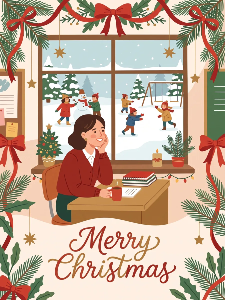 Merry Christmas card of a teacher at her desk watching kids play in the snow
