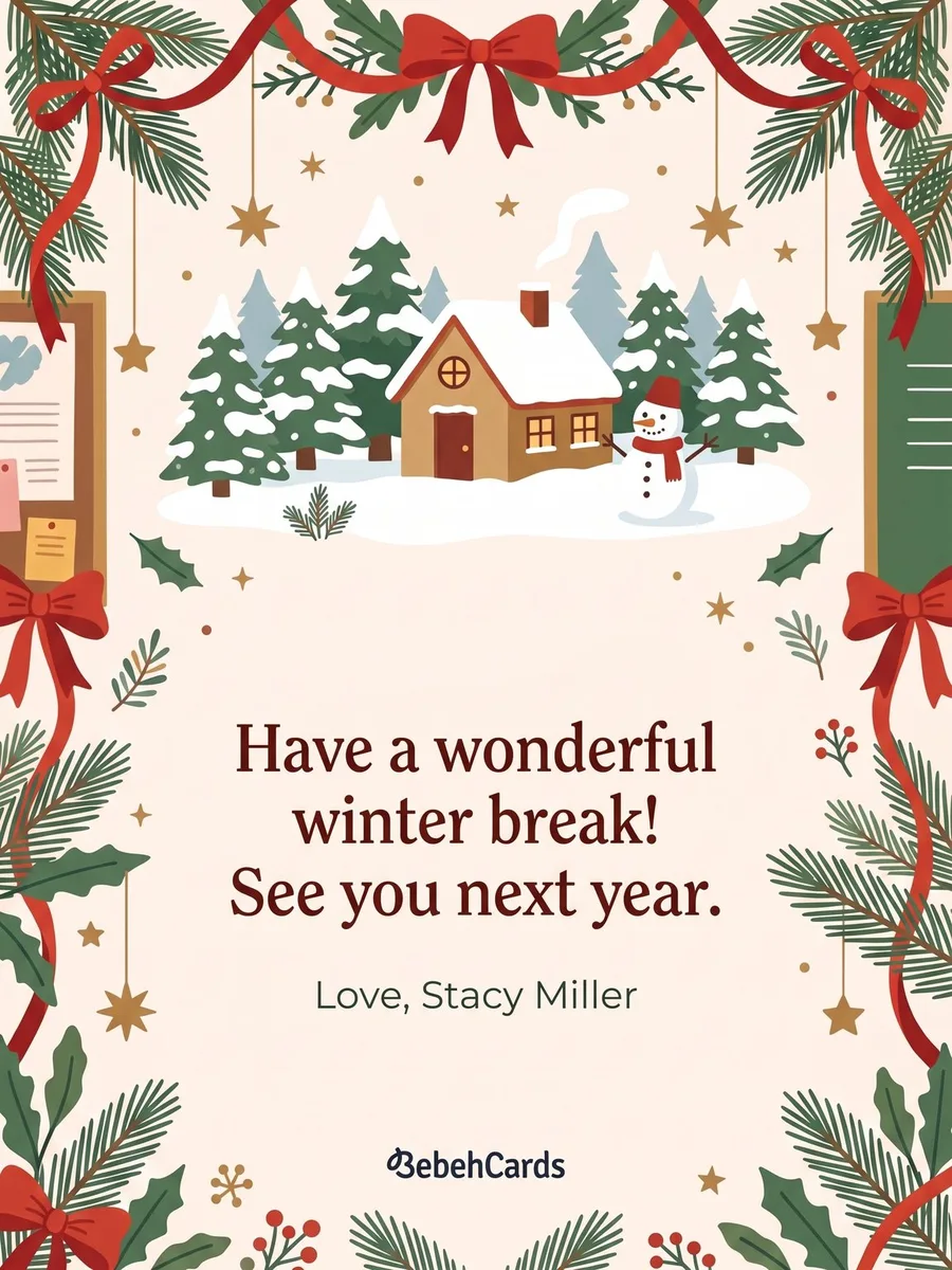 Back of the card: Have a wonderful winter break! See you next year. Love, Stacy Miller