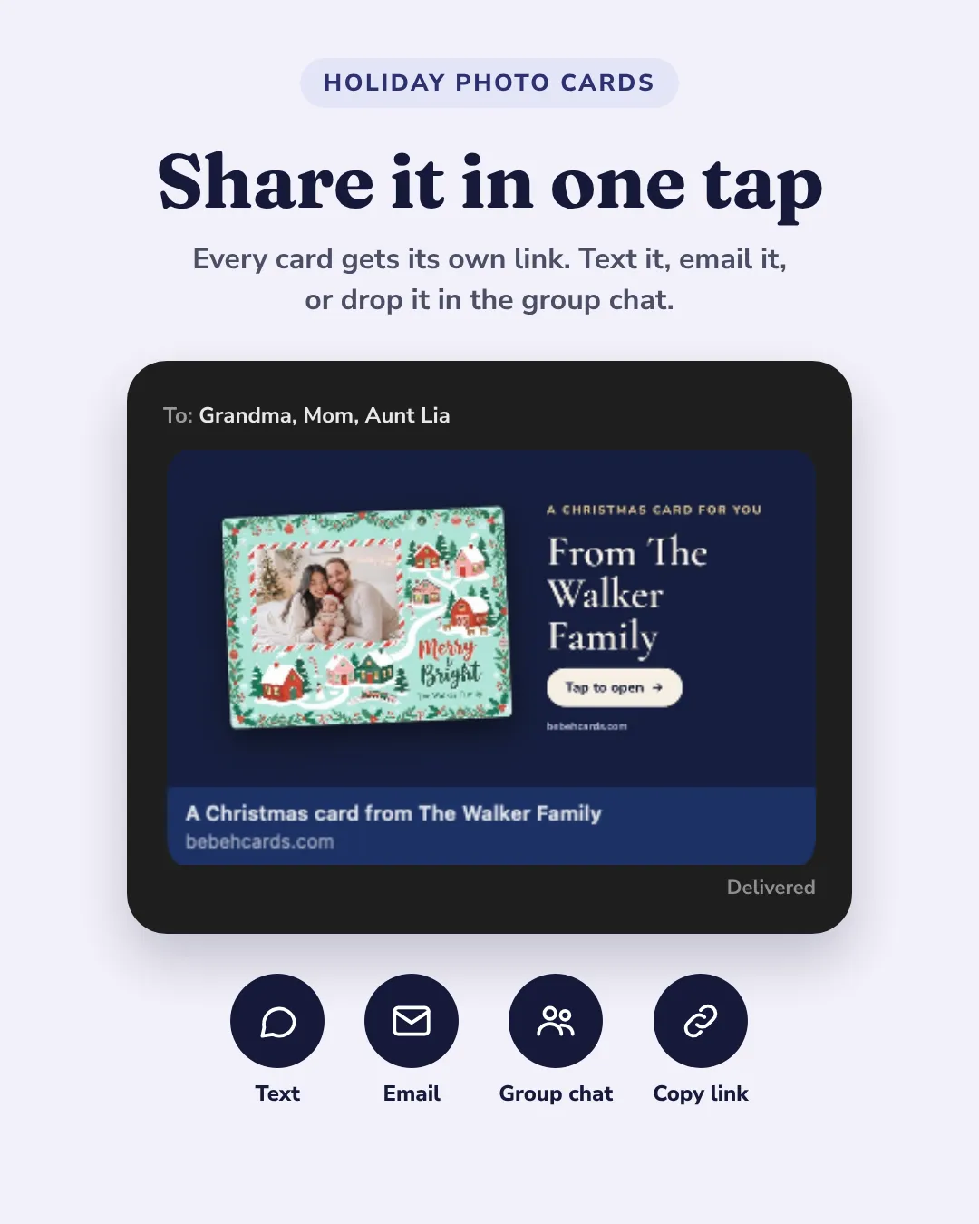 The Walker Family's Christmas card arriving in a group text as a link preview, with options to share by text, email, group chat or copied link