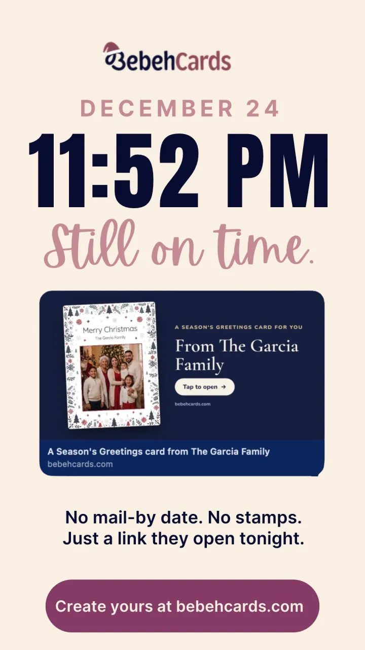 Bebeh Cards ad: December 24, 11:52 PM, still on time, with a Merry Christmas photo card from the Garcia family