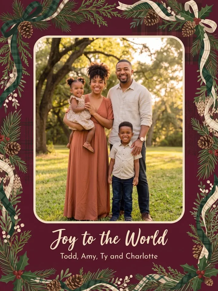 Cozy Cabin Christmas photo card with a family photo framed by pine, pinecones and plaid ribbon on burgundy