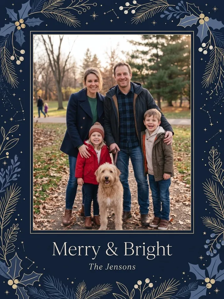 Jensons card front: family and dog in a fall park, framed in navy and gold with Merry and Bright