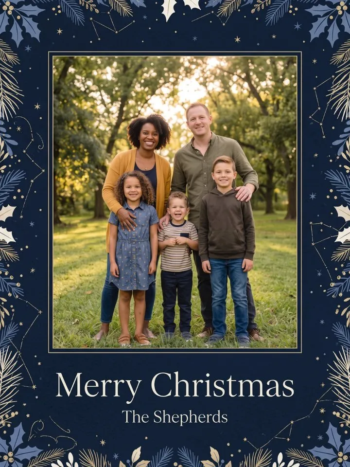 Midnight Noel Christmas photo card: midnight blue with gold stars, constellations and holly around a family photo