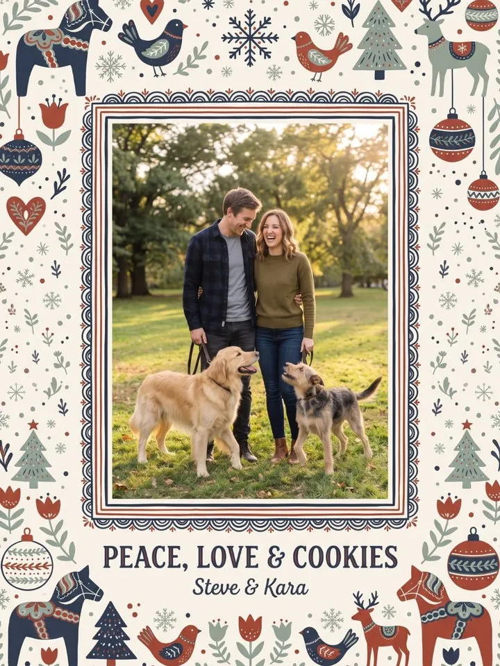 Nordic Vibes Christmas photo card: Scandinavian folk art with Dala horses, reindeer, birds and hearts around a family photo