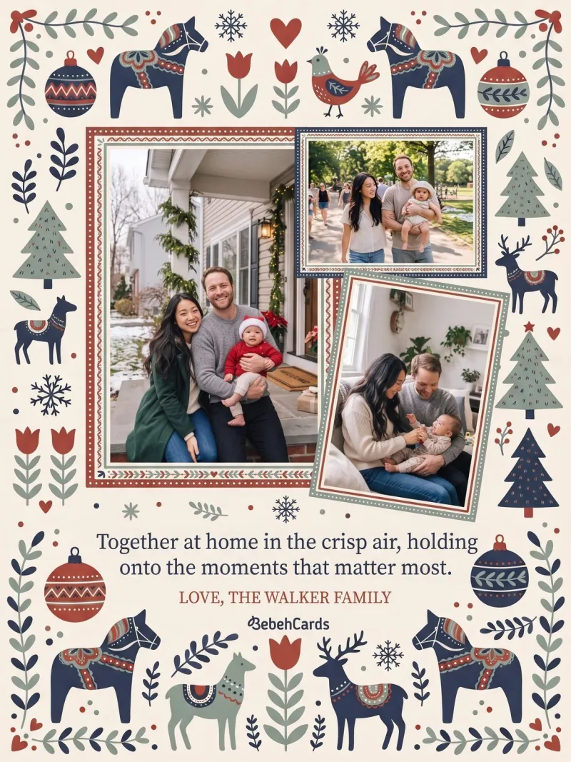 Sample Holiday Photo Card back: three more Walker family photos and the message Together at home in the crisp air, holding onto the moments that matter most