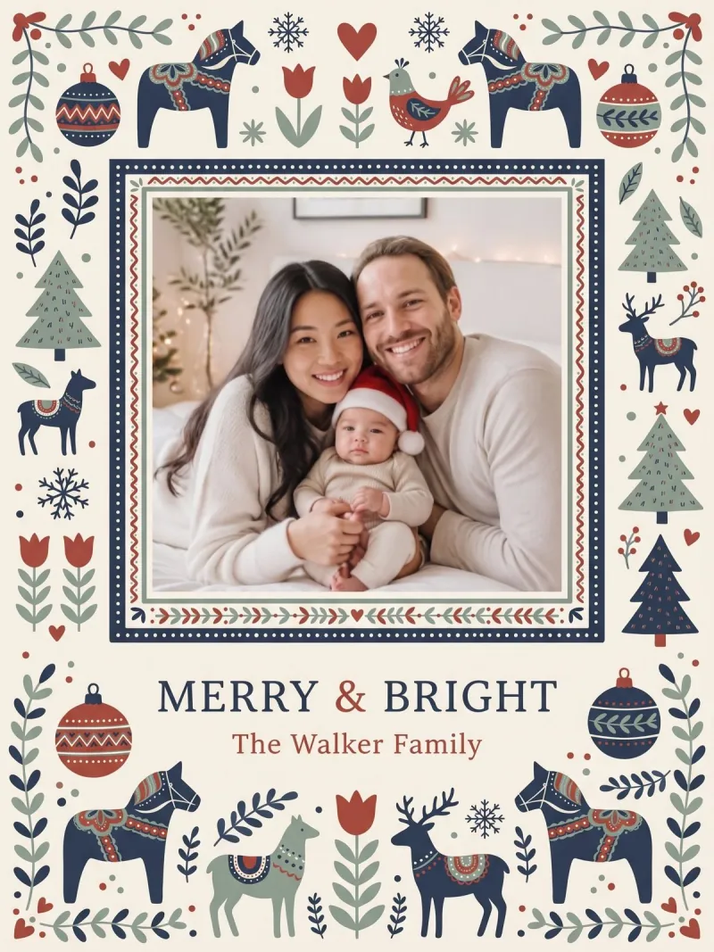 Sample Holiday Photo Card front: Merry and Bright, the Walker Family, with a family photo in a Nordic folk frame of dala horses and trees