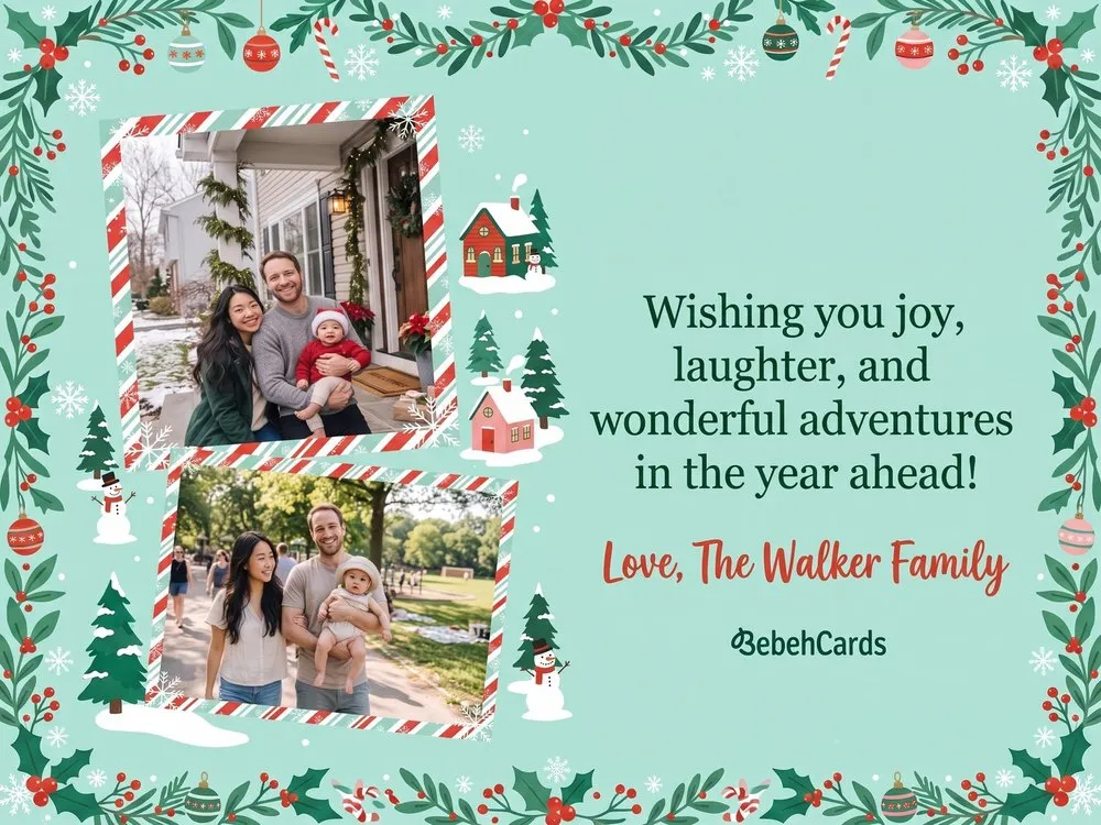 Card back: photos 2 and 3 beside a holiday message signed Love, The Walker Family