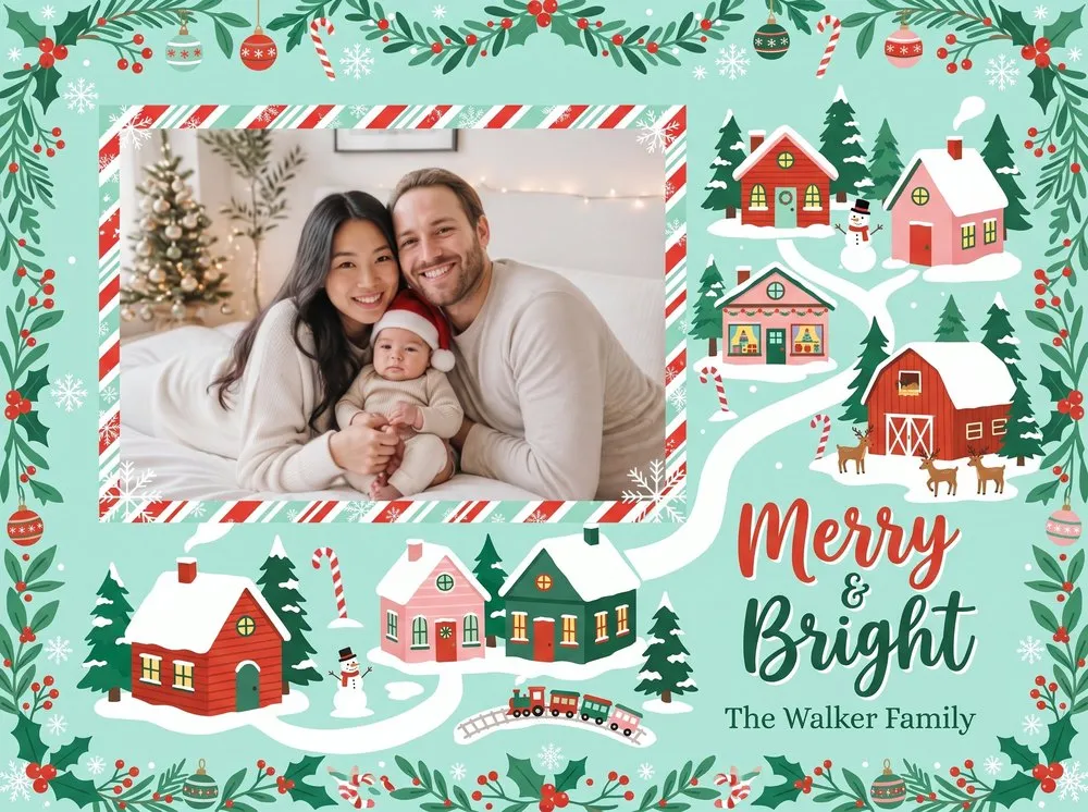 Card front: photo 1 framed in a snowy village with Merry and Bright