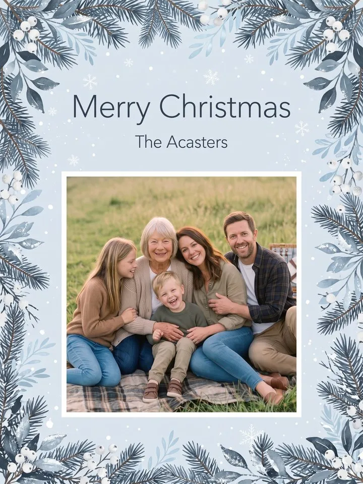 Winter Wonderland Christmas photo card: pale blue with frosted branches, snowflakes and white berries around a family photo