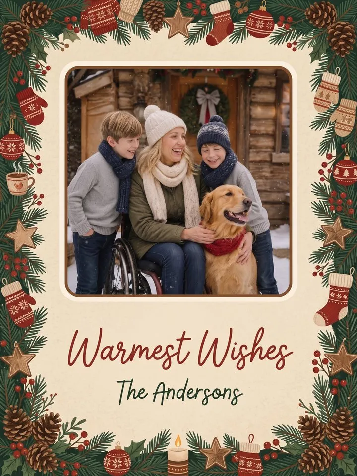 Cozy Hearth holiday photo card: cream with pine, pinecones, mittens and stockings around a family photo