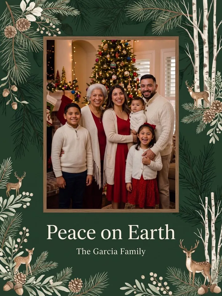 Evergreen Forest holiday photo card: deep green with birch trees, deer and pinecones around a family photo