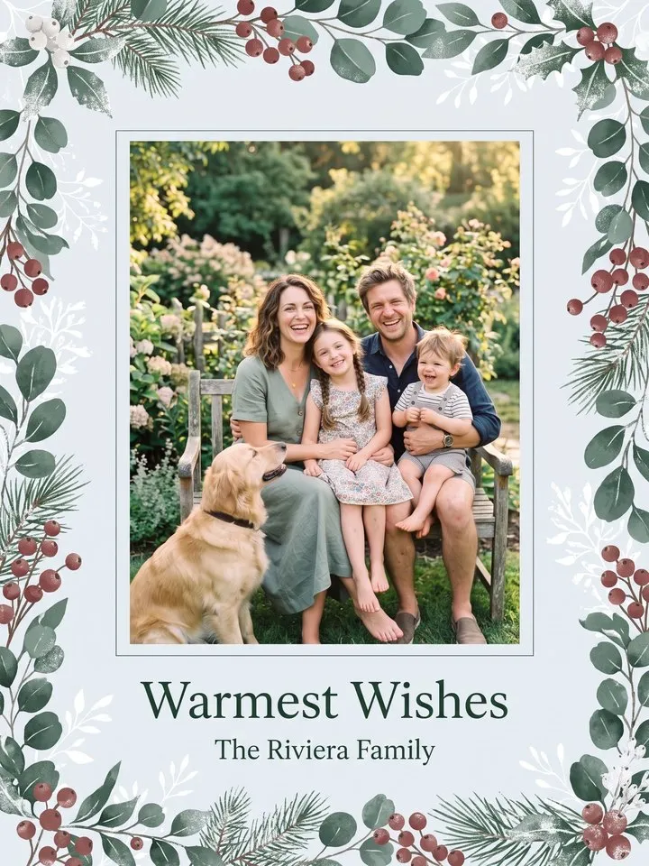 Frosted Botanicals holiday photo card: soft blue with eucalyptus, pine and red berries around a family photo