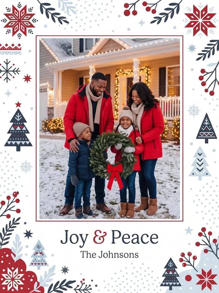 Johnsons card front: family holding a wreath in the snow with Joy and Peace