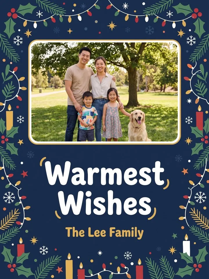 Merry Mix holiday photo card: navy with string lights, candles and holly around a family photo