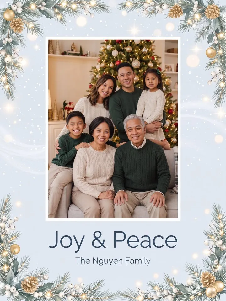 Winter Light holiday photo card: frosted silver and blue branches with glowing lights around a family photo