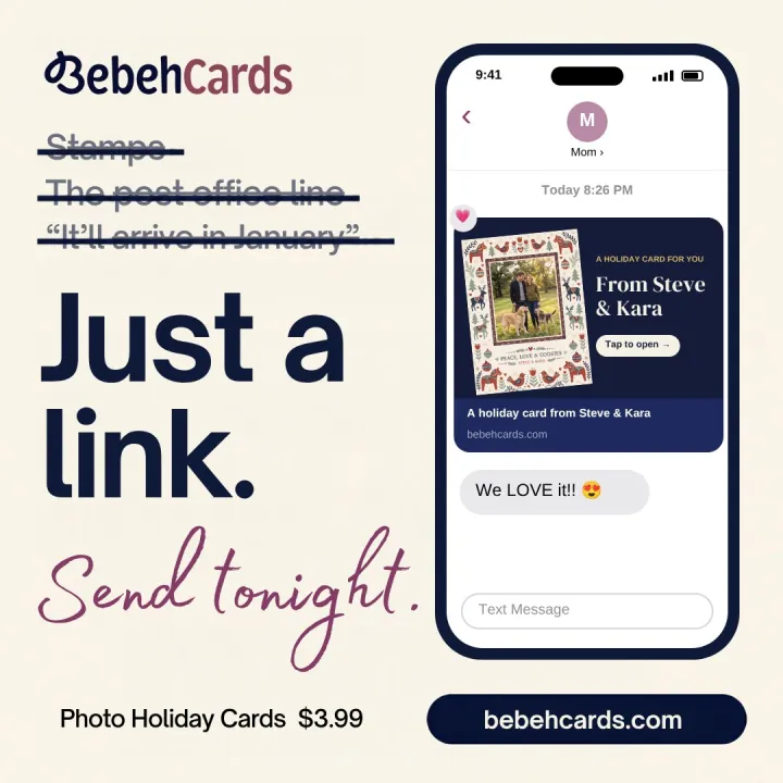 A holiday photo card from Steve and Kara arriving as a link in a text to Mom, who replies We LOVE it