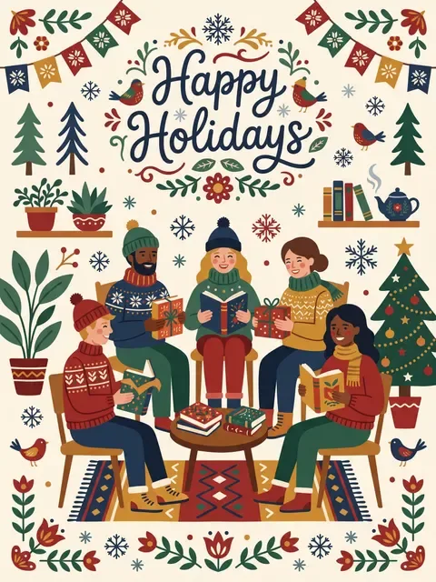 A Happy Holidays card of five friends in sweaters reading together by the tree